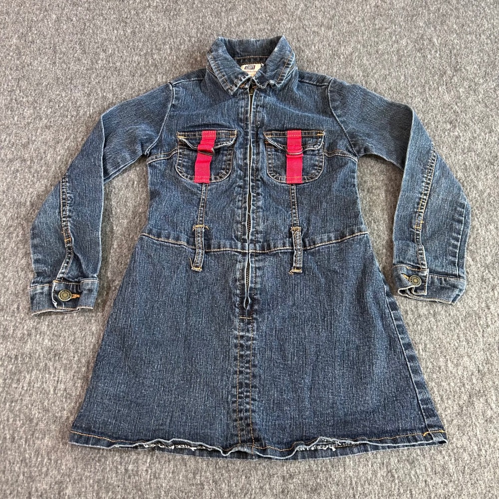 Faded Glory Girls Club Stretch Denim Zip Front Dress Dark Wash Red Accents 6/6X